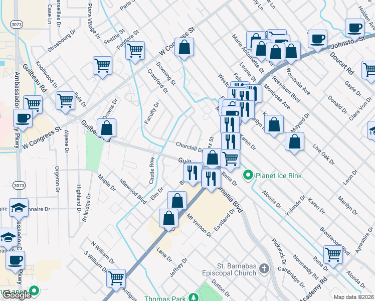 map of restaurants, bars, coffee shops, grocery stores, and more near 100 Desire Street in Lafayette