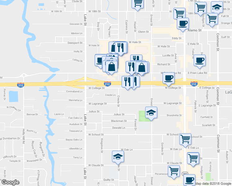 map of restaurants, bars, coffee shops, grocery stores, and more near 3416 Creole Street in Lake Charles