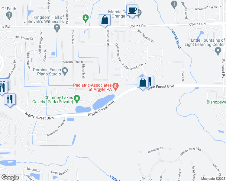 map of restaurants, bars, coffee shops, grocery stores, and more near 7855 Argyle Forest Boulevard in Jacksonville