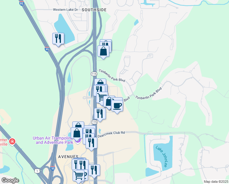 map of restaurants, bars, coffee shops, grocery stores, and more near 9021 Southside Boulevard in Jacksonville