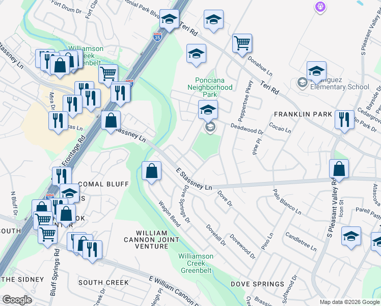 map of restaurants, bars, coffee shops, grocery stores, and more near 5516 Ponciana Drive in Austin