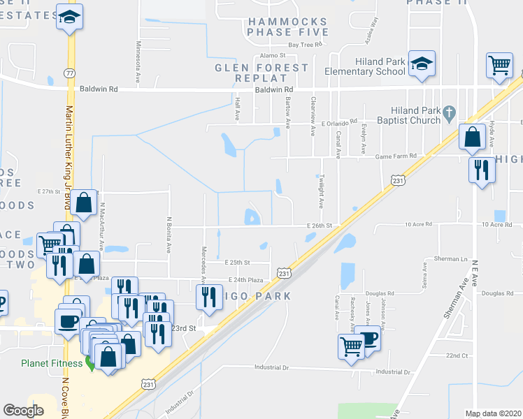 map of restaurants, bars, coffee shops, grocery stores, and more near 1929 East 26th Street in Panama City