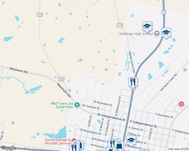 map of restaurants, bars, coffee shops, grocery stores, and more near 237 Clark Lane in Giddings