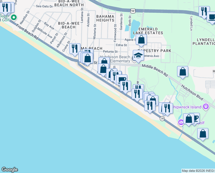 map of restaurants, bars, coffee shops, grocery stores, and more near 13104 Front Beach Road in Panama City Beach