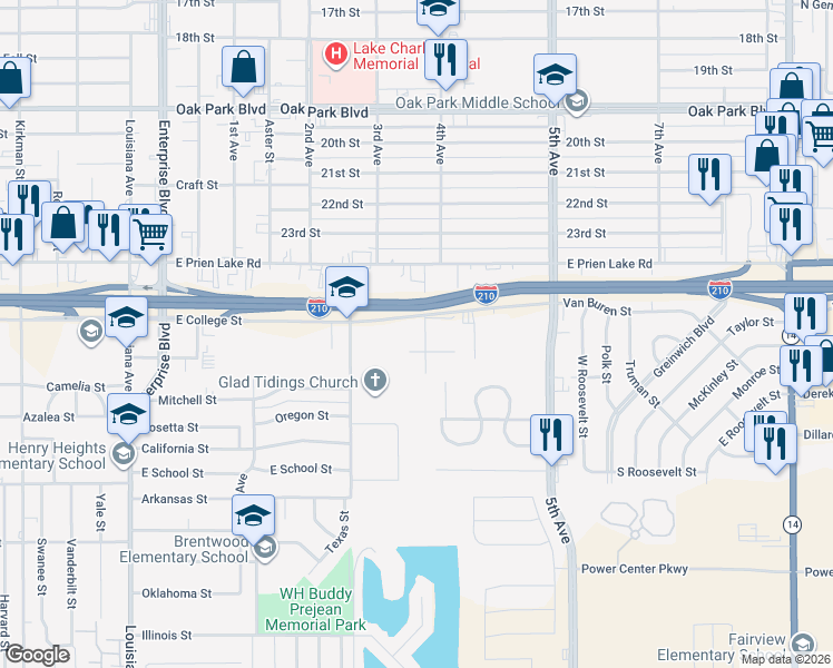 map of restaurants, bars, coffee shops, grocery stores, and more near 1701-1899 E College St in Lake Charles