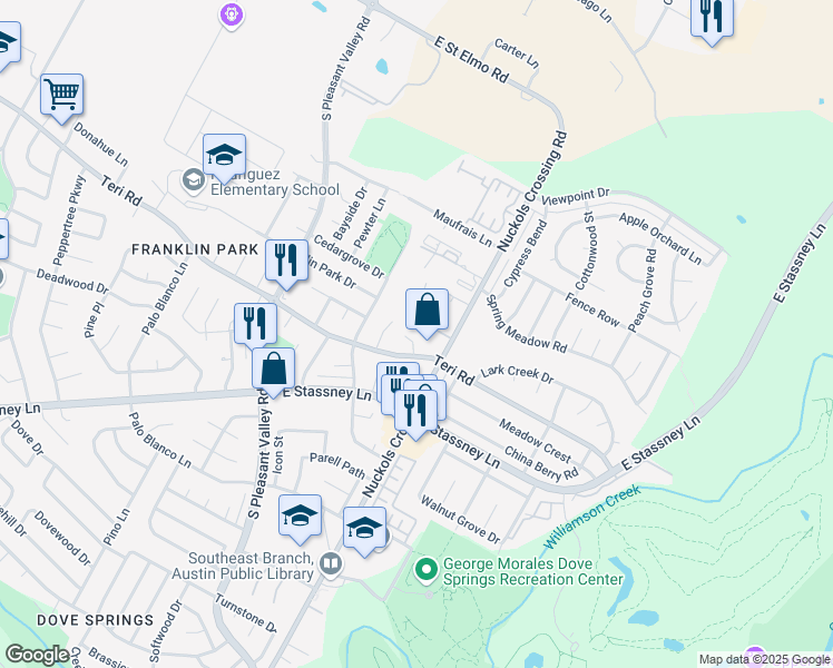 map of restaurants, bars, coffee shops, grocery stores, and more near 35 Nuckols Court in Austin