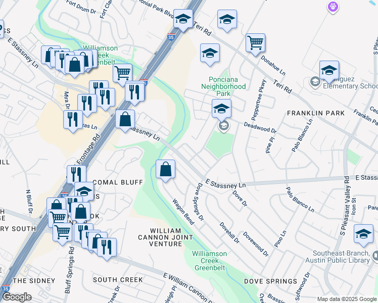 map of restaurants, bars, coffee shops, grocery stores, and more near 1912 Conestoga Trail in Austin