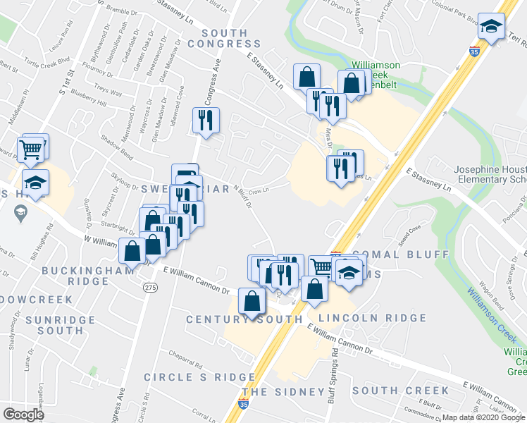 map of restaurants, bars, coffee shops, grocery stores, and more near 500 North Bluff Drive in Austin