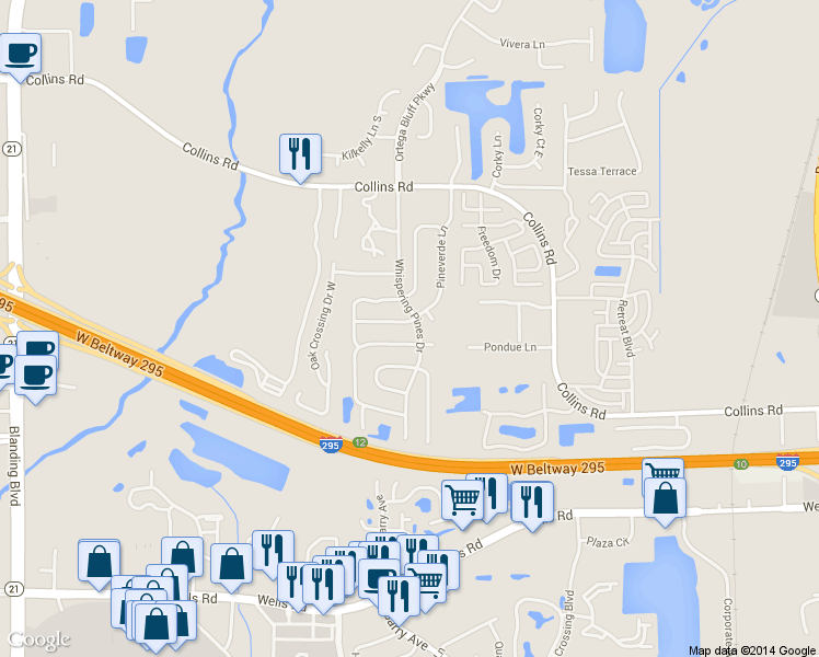 map of restaurants, bars, coffee shops, grocery stores, and more near 5530 Pinehilll Lane in Jacksonville