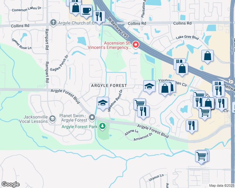 map of restaurants, bars, coffee shops, grocery stores, and more near 8339 Weybridge Drive in Jacksonville
