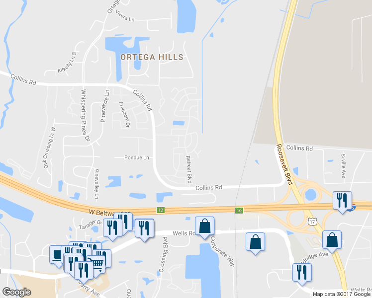 map of restaurants, bars, coffee shops, grocery stores, and more near Retreat Boulevard in Jacksonville