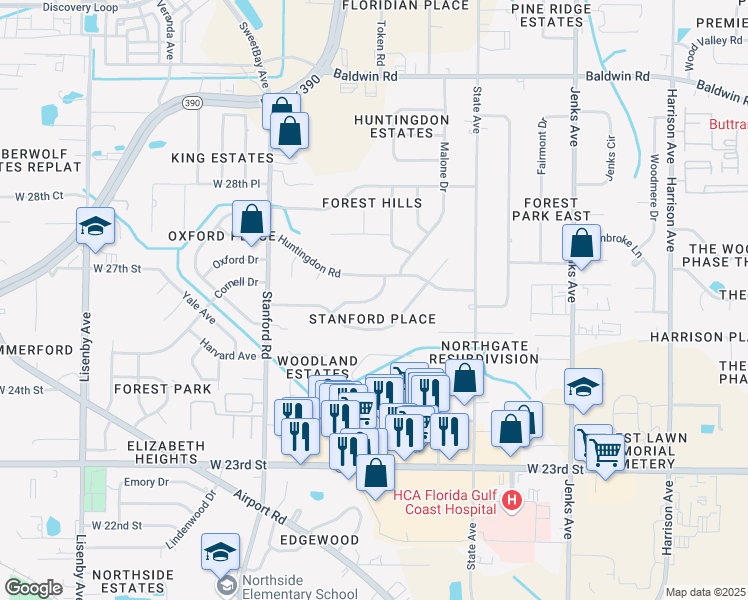 map of restaurants, bars, coffee shops, grocery stores, and more near 2710 Rutgers Drive in Panama City