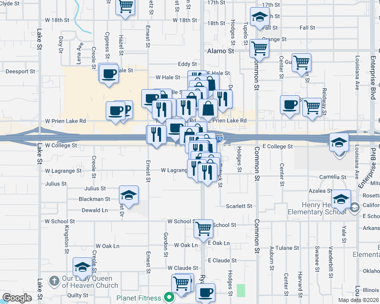 map of restaurants, bars, coffee shops, grocery stores, and more near 3400 Ryan Street in Lake Charles