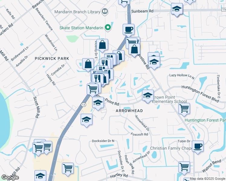 map of restaurants, bars, coffee shops, grocery stores, and more near 9946 Moorings Drive in Jacksonville