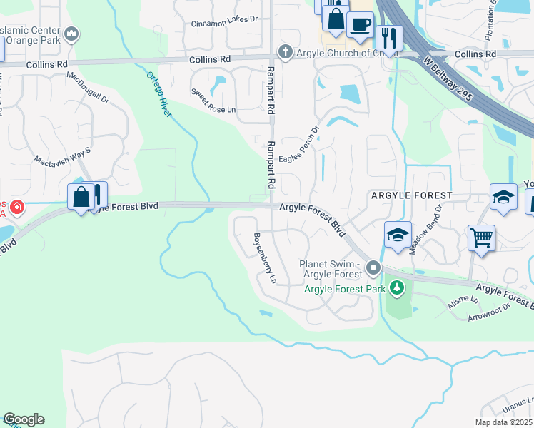 map of restaurants, bars, coffee shops, grocery stores, and more near 7315 Argyle Forest Boulevard in Jacksonville