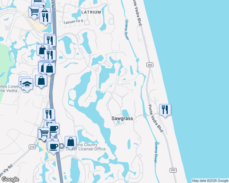 map of restaurants, bars, coffee shops, grocery stores, and more near 19 Cove Road in Ponte Vedra Beach