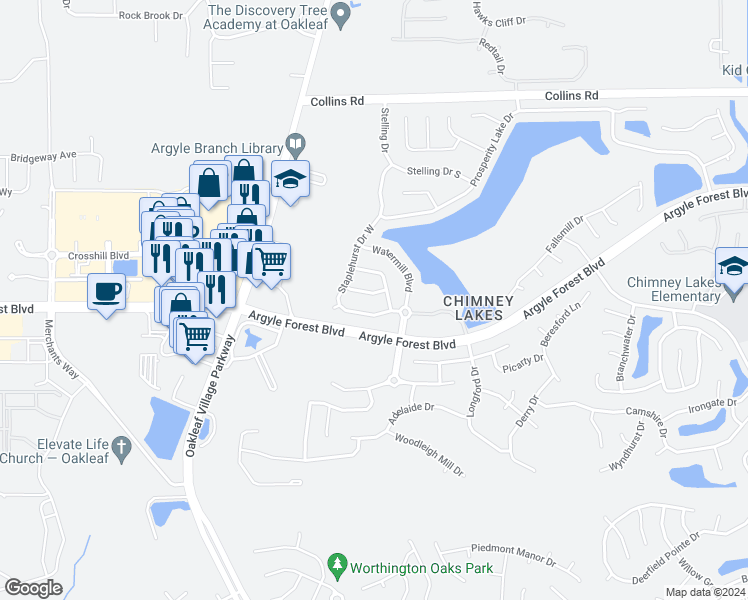 map of restaurants, bars, coffee shops, grocery stores, and more near 9428 Telford Lane in Jacksonville