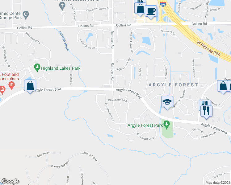 map of restaurants, bars, coffee shops, grocery stores, and more near 7315 Argyle Forest Boulevard in Jacksonville