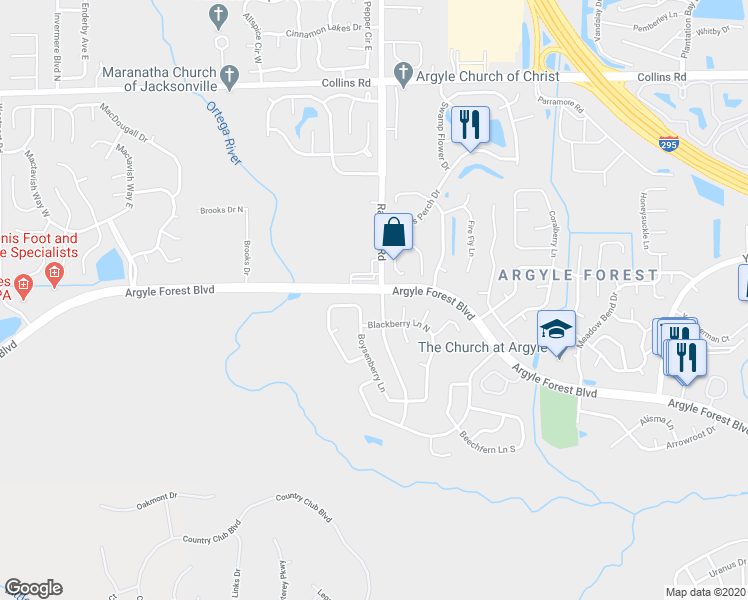 map of restaurants, bars, coffee shops, grocery stores, and more near 7315 Argyle Forest Boulevard in Jacksonville