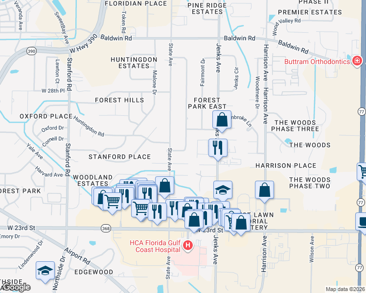 map of restaurants, bars, coffee shops, grocery stores, and more near 2623-2625 Briarcliff Road in Panama City