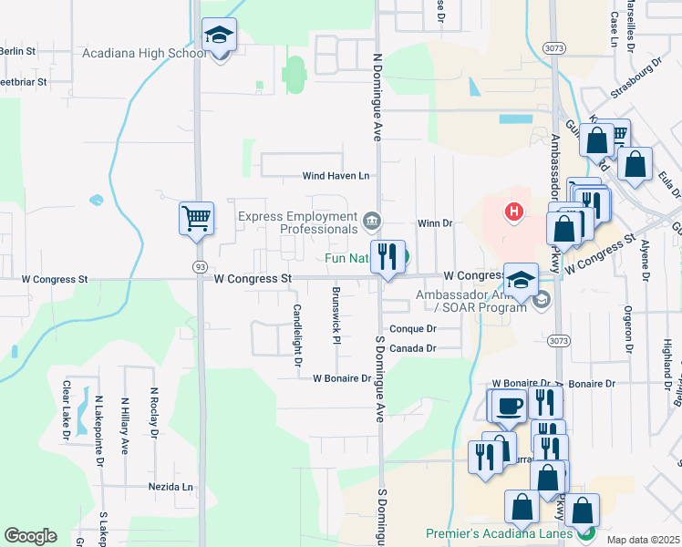 map of restaurants, bars, coffee shops, grocery stores, and more near 4620 West Congress Street in Lafayette