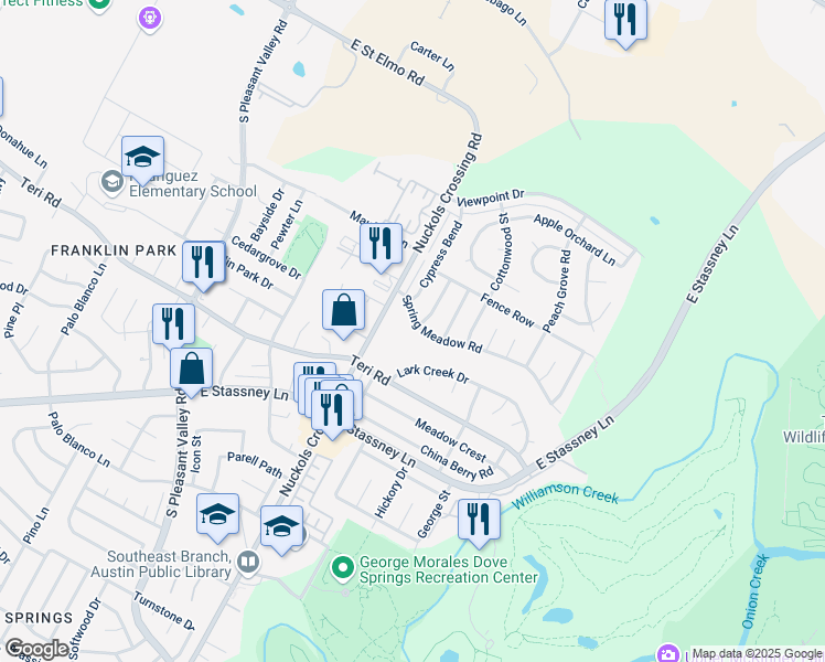 map of restaurants, bars, coffee shops, grocery stores, and more near 5305a Spring Meadow Road in Austin