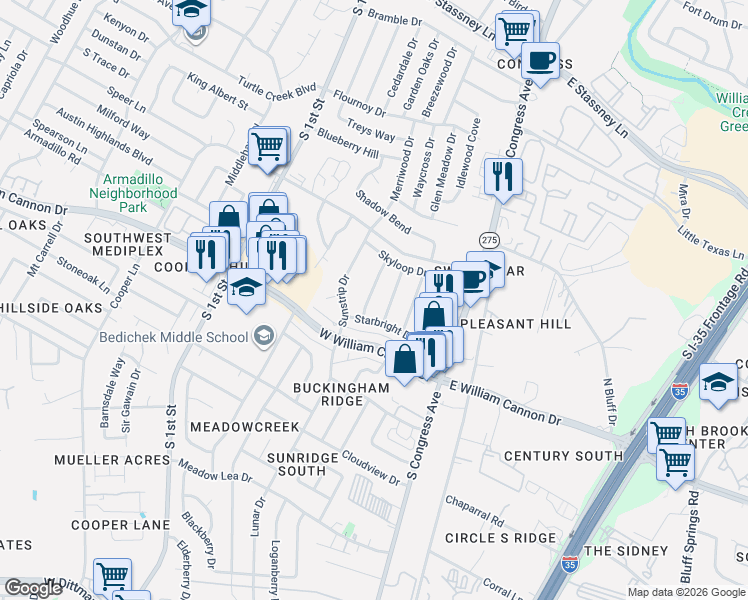 map of restaurants, bars, coffee shops, grocery stores, and more near 6506 Skycrest Drive in Austin