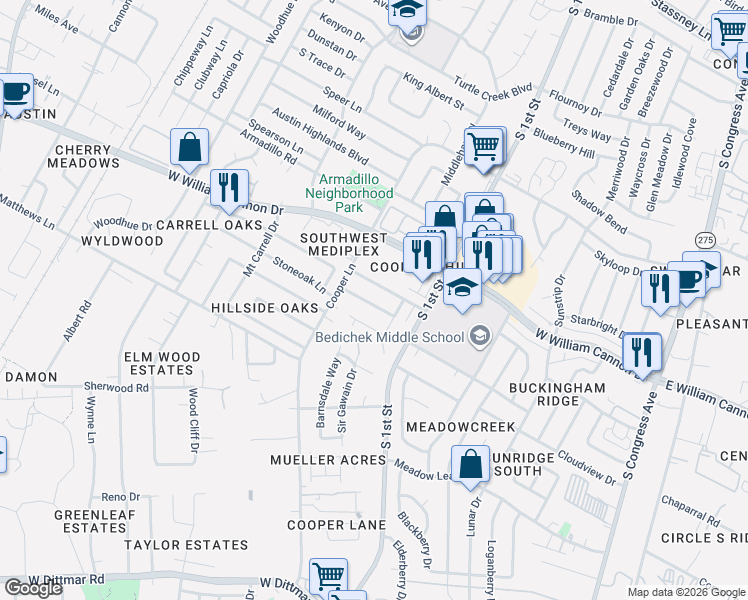 map of restaurants, bars, coffee shops, grocery stores, and more near 803 Buckingham Place in Austin