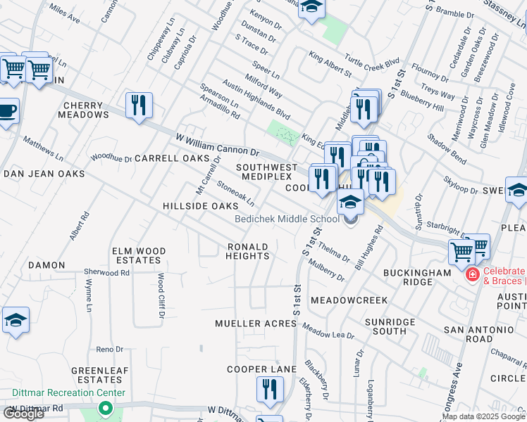 map of restaurants, bars, coffee shops, grocery stores, and more near 902 Echo Lane in Austin