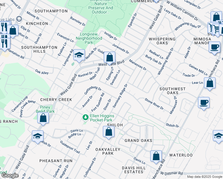 map of restaurants, bars, coffee shops, grocery stores, and more near 2620 Market Garden Lane in Austin