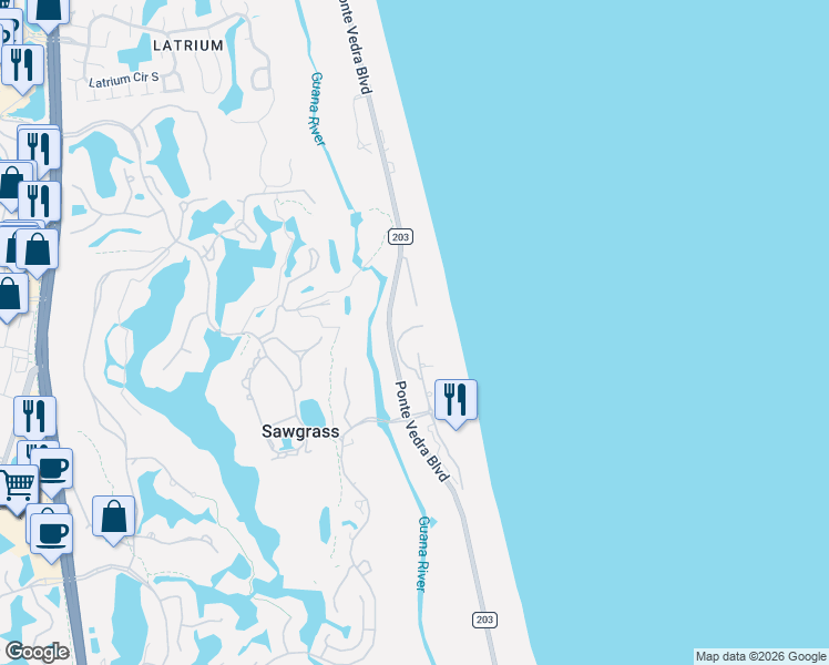 map of restaurants, bars, coffee shops, grocery stores, and more near 971 Spinnakers Reach Drive in Ponte Vedra Beach