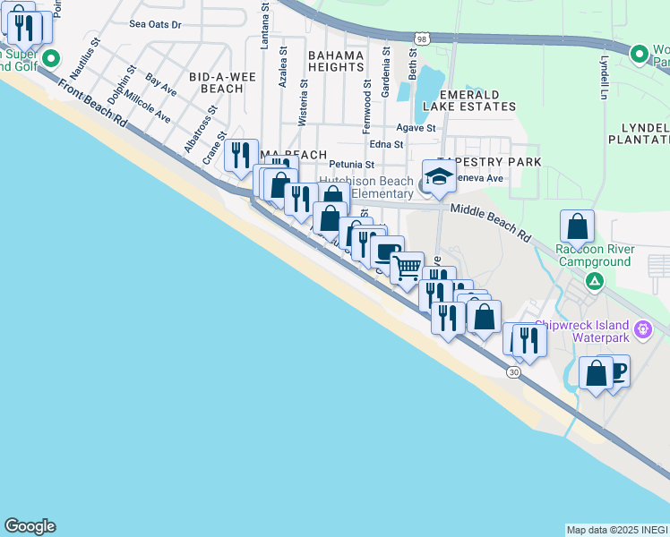 map of restaurants, bars, coffee shops, grocery stores, and more near 13101 Oleander Drive in Panama City Beach