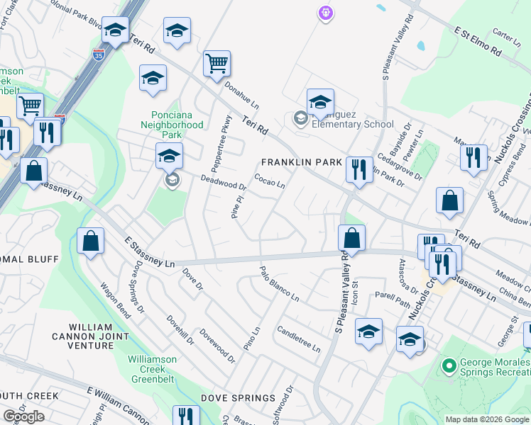 map of restaurants, bars, coffee shops, grocery stores, and more near 2327 Deadwood Drive in Austin
