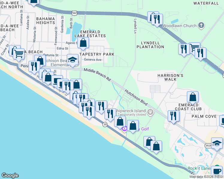 map of restaurants, bars, coffee shops, grocery stores, and more near 12501 Hutchison Blvd in Panama City Beach