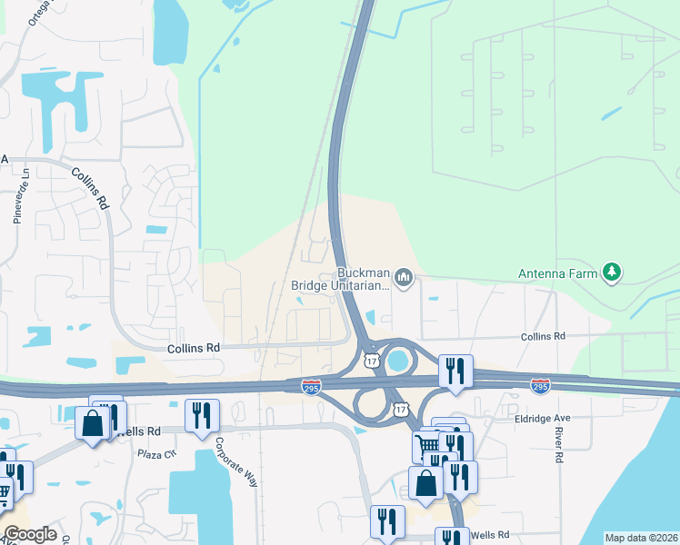 map of restaurants, bars, coffee shops, grocery stores, and more near U.S. 17 & Collins Rd in Jacksonville
