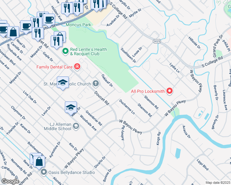 map of restaurants, bars, coffee shops, grocery stores, and more near 134 Oakleaf Drive in Lafayette