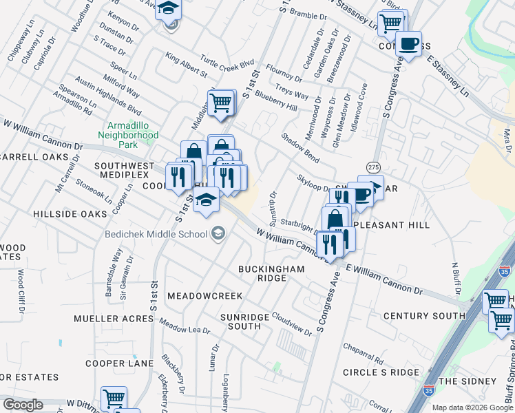 map of restaurants, bars, coffee shops, grocery stores, and more near 6514 Sunstrip Drive in Austin