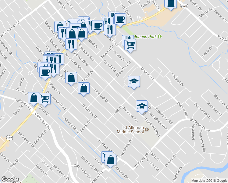 map of restaurants, bars, coffee shops, grocery stores, and more near 406 Roselawn Boulevard in Lafayette