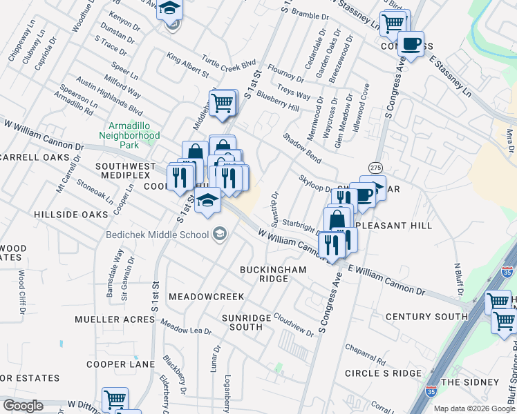 map of restaurants, bars, coffee shops, grocery stores, and more near 6514 Sunstrip Drive in Austin