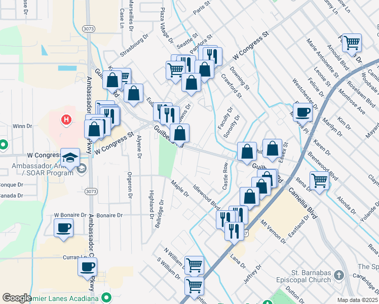 map of restaurants, bars, coffee shops, grocery stores, and more near 326 Guilbeau Road in Lafayette