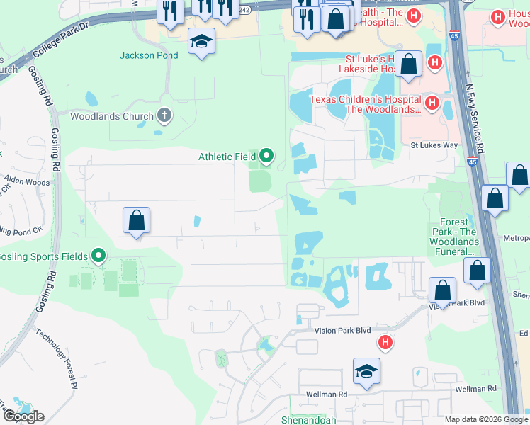 map of restaurants, bars, coffee shops, grocery stores, and more near 2399 Meadow Road in Conroe