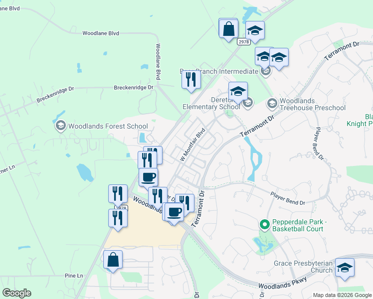 map of restaurants, bars, coffee shops, grocery stores, and more near 94 West Montfair Boulevard in Spring