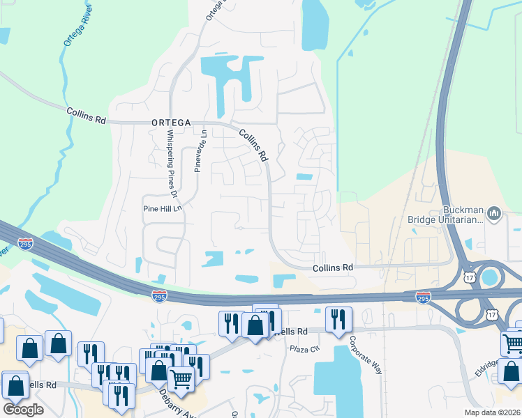 map of restaurants, bars, coffee shops, grocery stores, and more near 5281 Collins Road in Jacksonville