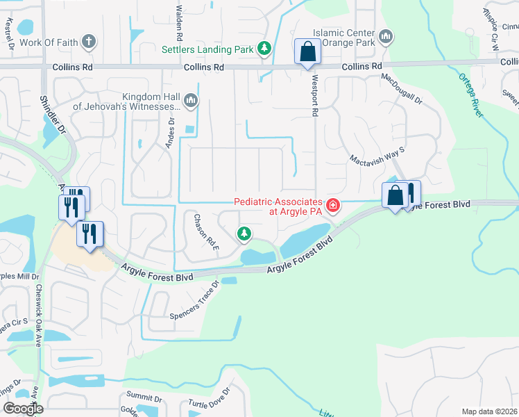 map of restaurants, bars, coffee shops, grocery stores, and more near 8155 Crosswind Road in Jacksonville