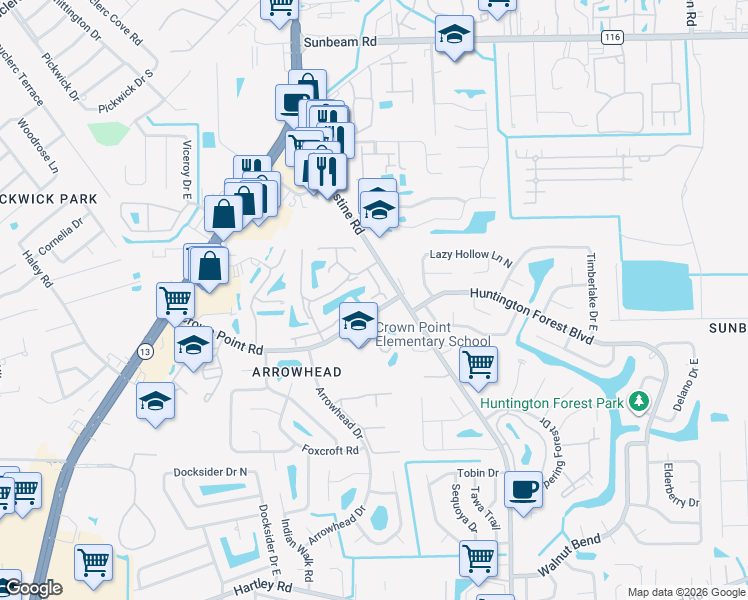 map of restaurants, bars, coffee shops, grocery stores, and more near 3801 Crown Point Road in Jacksonville