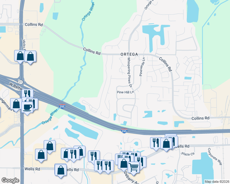 map of restaurants, bars, coffee shops, grocery stores, and more near 5689 Pine Hill Lane in Jacksonville