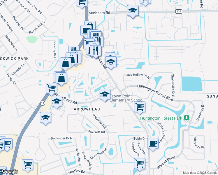 map of restaurants, bars, coffee shops, grocery stores, and more near 3801 Crown Point Road in Jacksonville