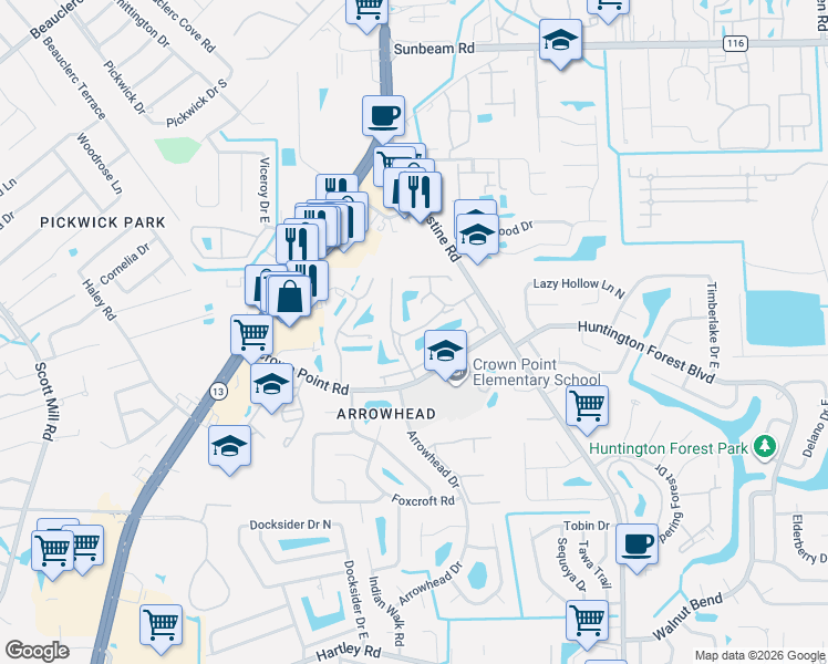 map of restaurants, bars, coffee shops, grocery stores, and more near 9850 Paddlewheel Court in Jacksonville