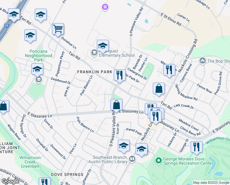map of restaurants, bars, coffee shops, grocery stores, and more near 5103 South Pleasant Valley Road in Austin
