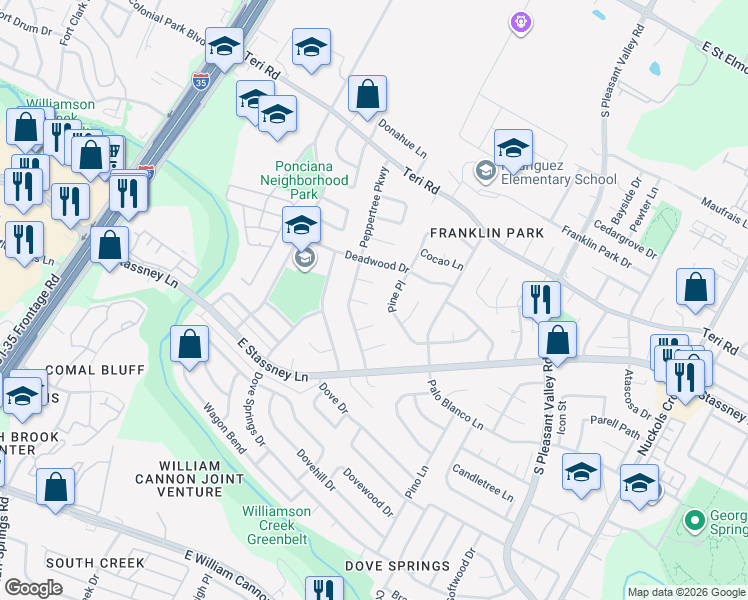map of restaurants, bars, coffee shops, grocery stores, and more near 2309 Valley High Circle in Austin